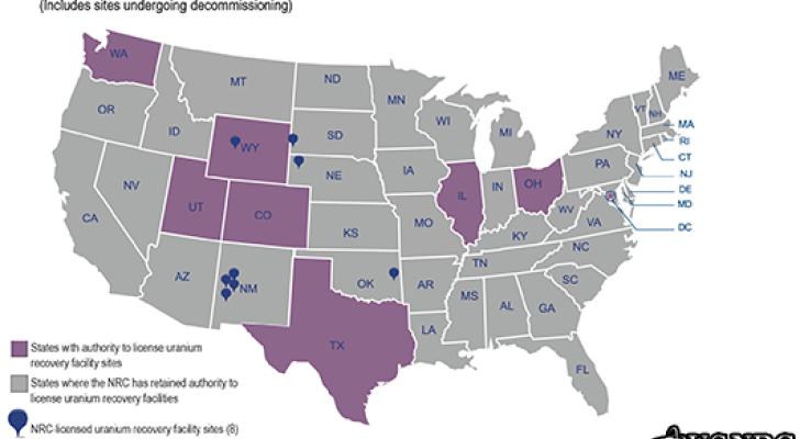 Map showing uranium recovery sites across the United States.