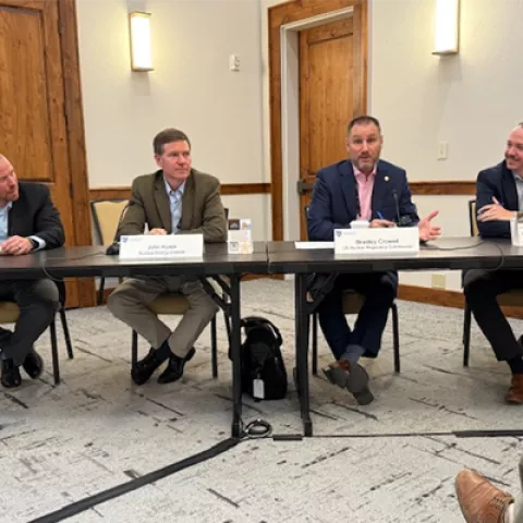 Image is a photo of four people sitting at a table and speaking into a microphone. 
