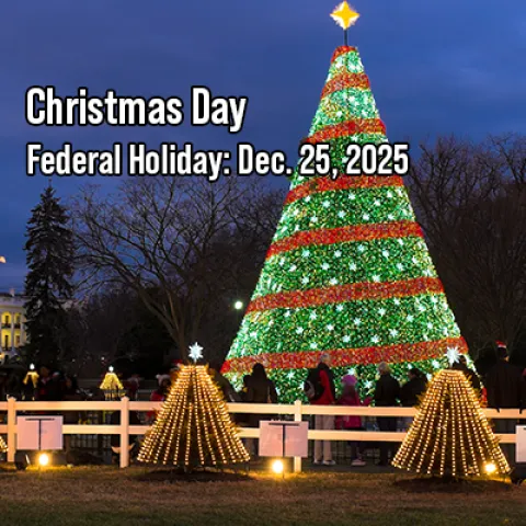 Image of a Christmas Tree with the text "Christmas Day Federal Holiday: Dec. 25, 2025"