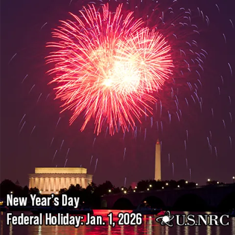 Image of fireworks with text "New Year's Day, Federal Holiday: Jan. 1, 2026"