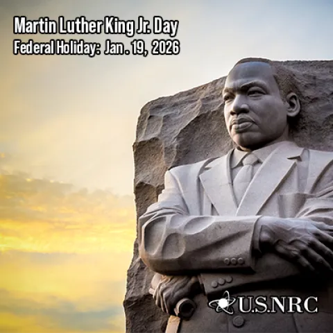 Image of the MLK memorial with the text "Martin Luther King Jr. Day, Federal Holiday: Jan. 19, 2026"