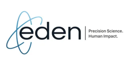 eden | Precision Science. Human Impact with atomic symbol around the first letter 'e' 