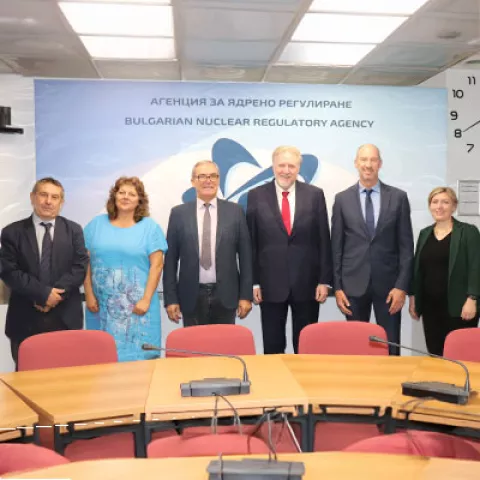 NRC International Programs Director David Skeen (third from right) and desk officer Eric Thomas (second from right) meet with officials from the Bulgarian Nuclear Regulatory Agency and the U.S. Embassy during a visit to Sofia to share best practices related to licensing Westinghouse AP1000 reactors.