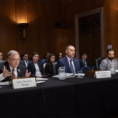 NRC Chairman David Wright, left to right, Commissioner Bradley Crowell and Commissioner Matthew Marzano brief the U.S. Senate Environment and Public Works Committee on agency activities, updated mission statements and various ways it is successfully meeting mandates in the ADVANCE Act and Executive Orders.