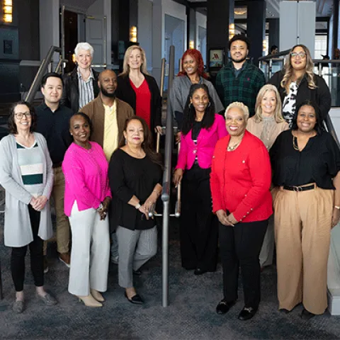 a group of people on steps. 