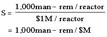 value/impact assessment formula consisting of: S= 1,000 man-rem/reactor over $1M/reactor equals 1,000 man-rem/$M
