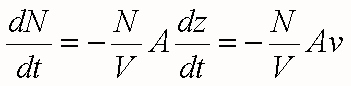 Equation showing dN over dt = minus N over V, A, dz over dt = minus N over V, Av