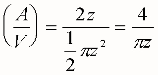 Equation showing (A over V) equals 2z over one over 2 lower-case pi symbol z to the second power equals 4 over pi symbol z