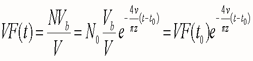 Equation showing VF(t) equals NV subscript b over V equals N subscript 0 V subscript b over V e superscript minus 4v over pi symbol z (t minus t subscript 0) equals VF(t subscript 0)e superscript minus 4v over pi symbol z (t minus t subscript 0)