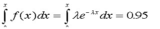 Equation showing an integral sign with a small x above it, and a small pi symbol below it, followed by a latin small f with hook (x)dx equals integral sign with a small x above it, and a small pi symbol below it, followed by Greek small letter lambda e superscript minus Greek small letter lambda x, follwed by dx equals 0.95
